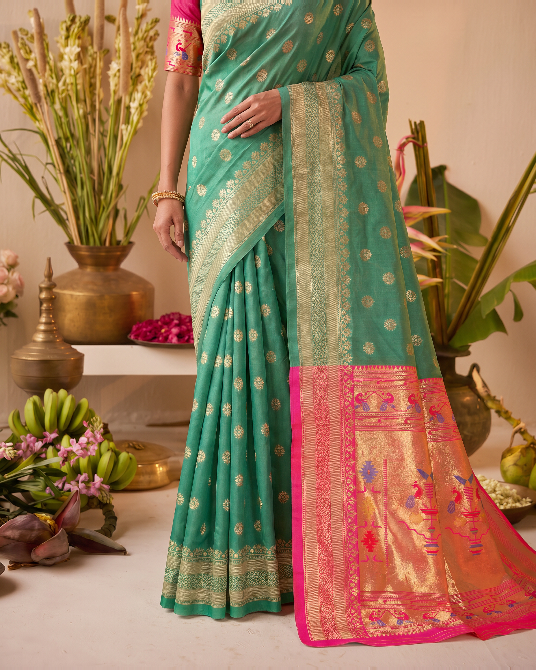 Madhura Floral Zari Paithani Silk Saree - Aqua Green - lower closeup