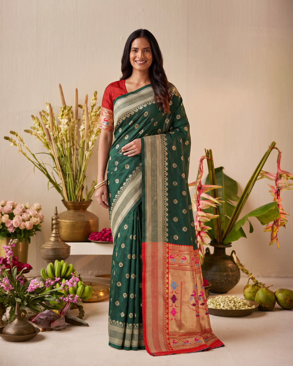 Madhura Floral Zari Paithani Silk Saree - Dark Green - full saree hero