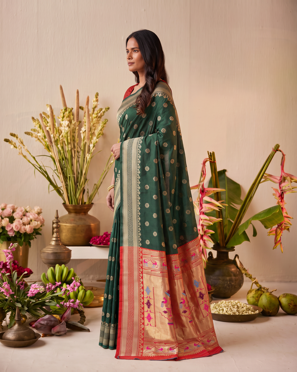 Madhura Floral Zari Paithani Silk Saree - Dark Green - side drape