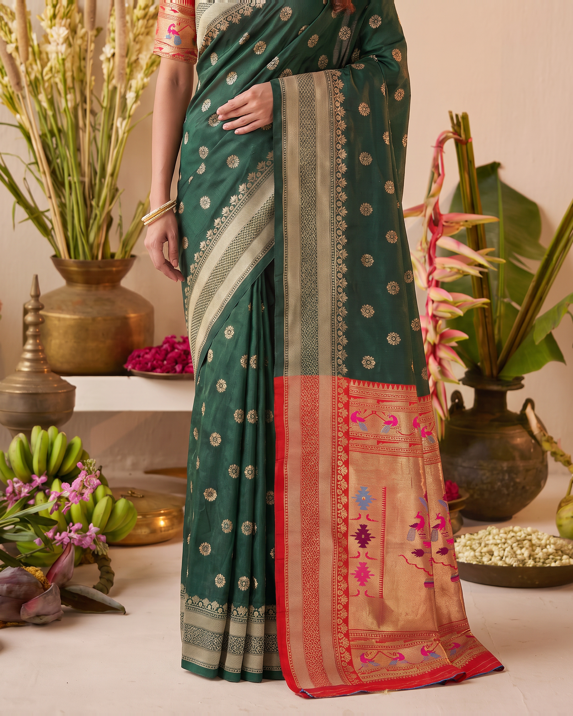 Madhura Floral Zari Paithani Silk Saree - Dark Green - lower closeup