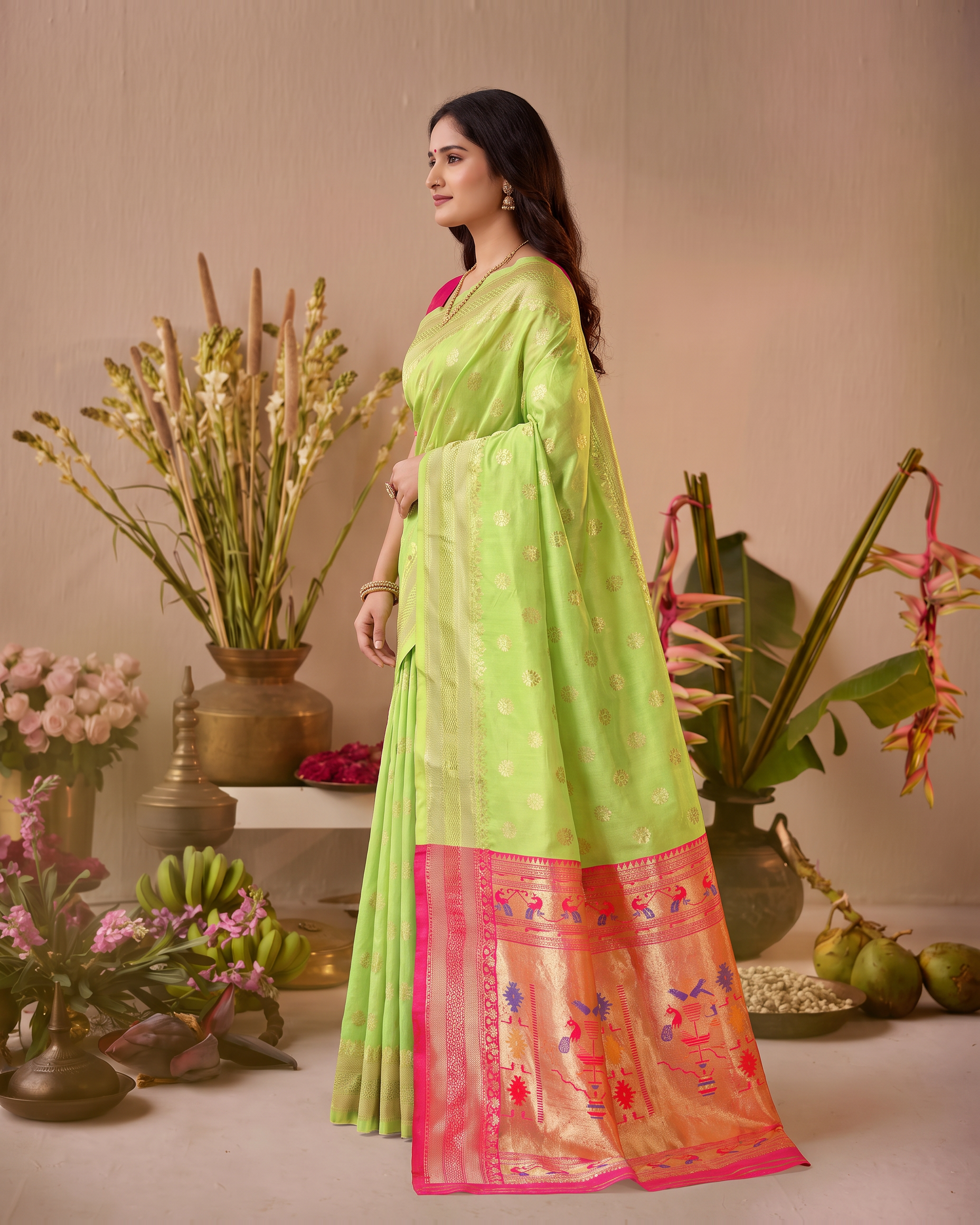 Madhura Floral Zari Paithani Silk Saree - Light Green - side drape