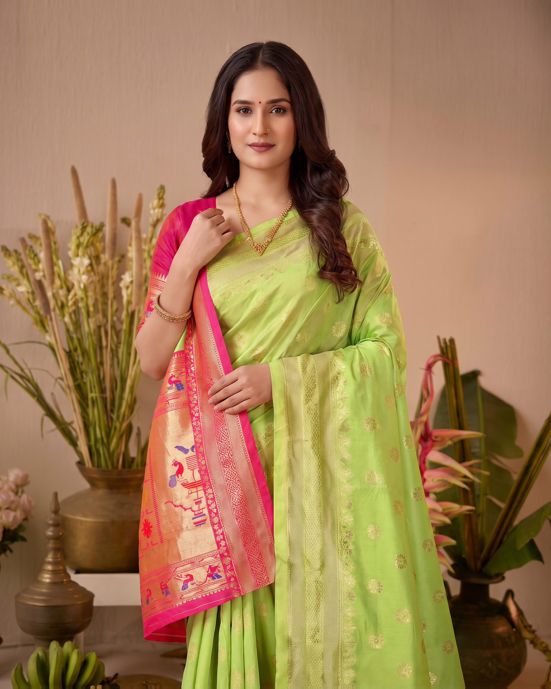 Madhura Floral Zari Paithani Silk Saree - Light Green - upper closeup