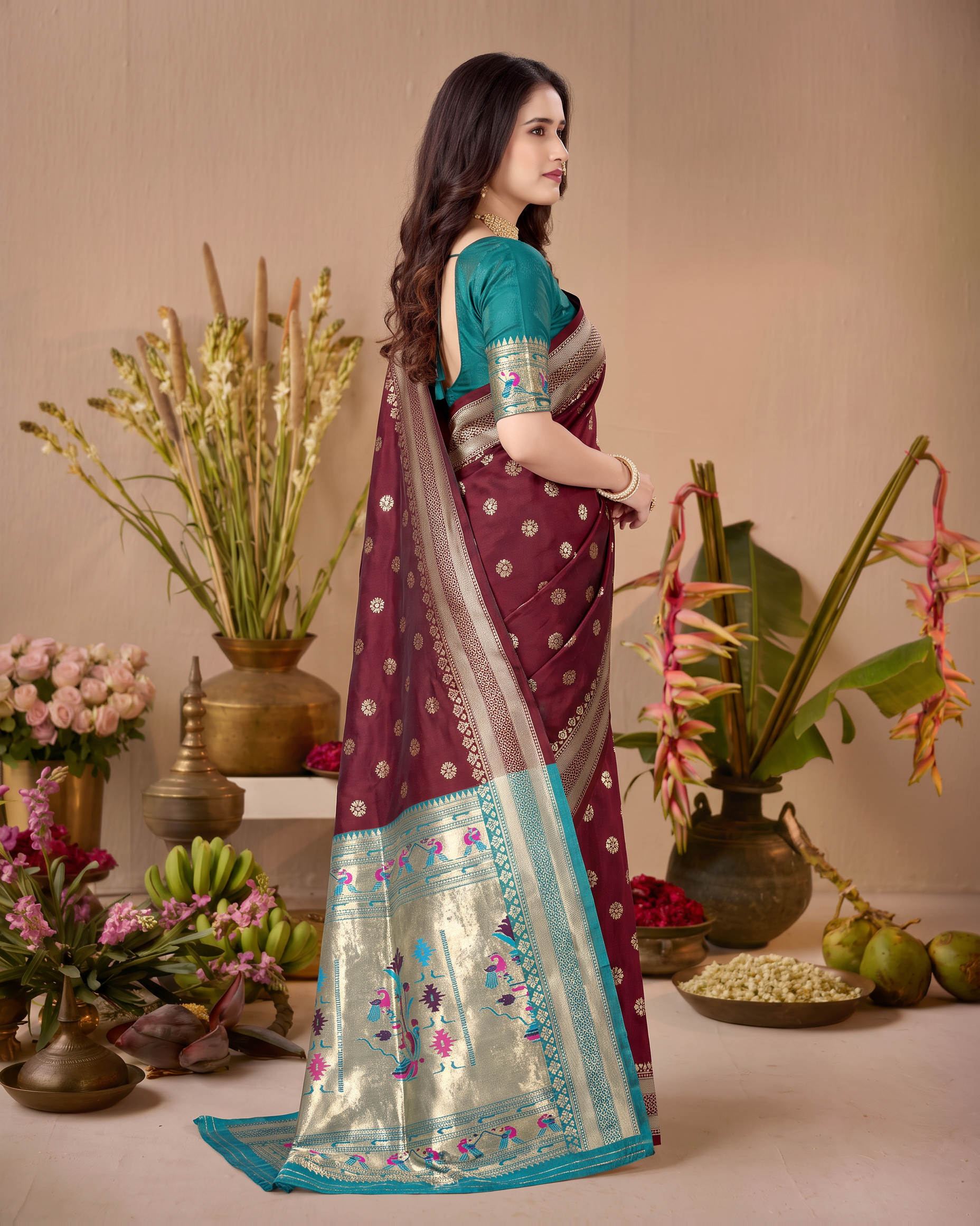 Madhura Floral Zari Paithani Silk Saree - Maroon - side drape