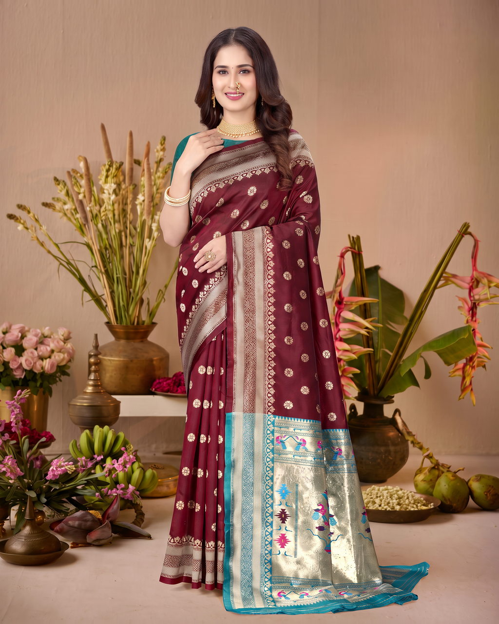 Madhura Floral Zari Paithani Silk Saree - Maroon - upper closeup