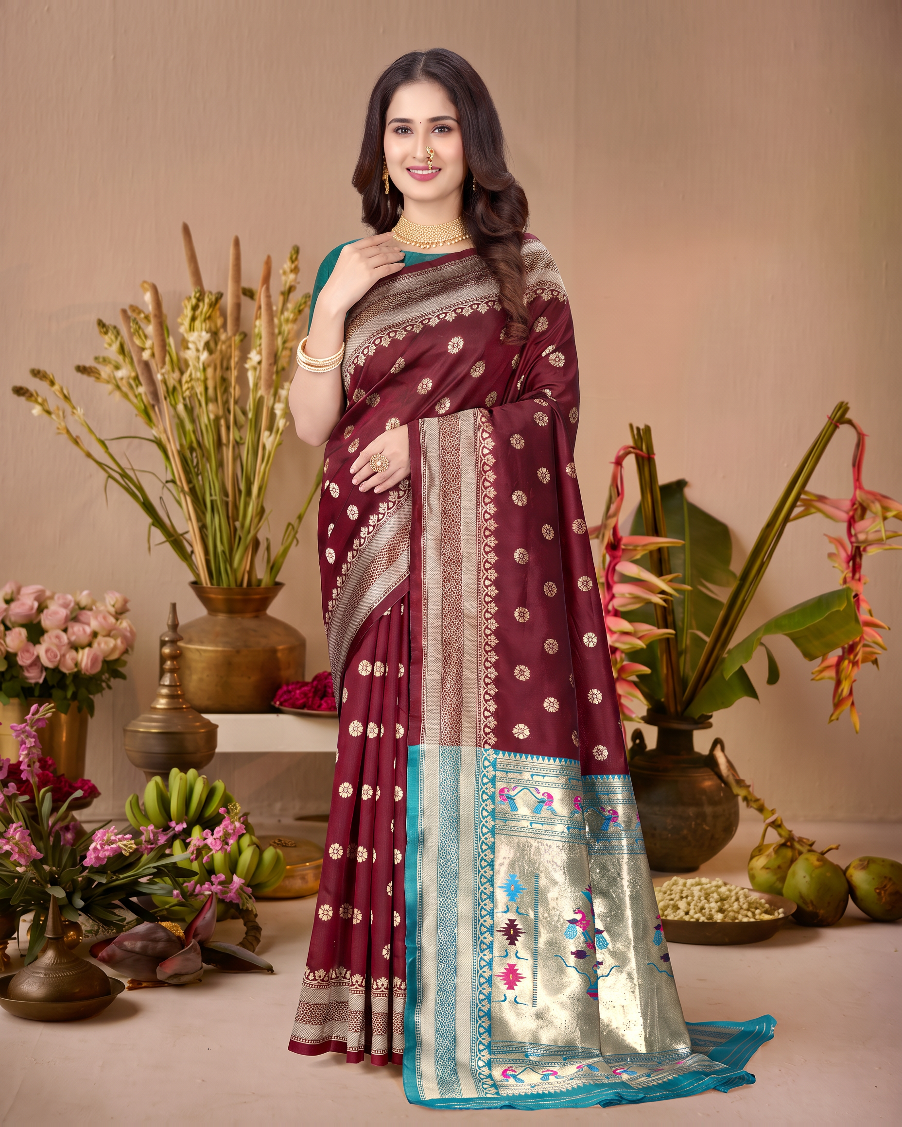 Madhura Floral Zari Paithani Silk Saree - Maroon - upper closeup