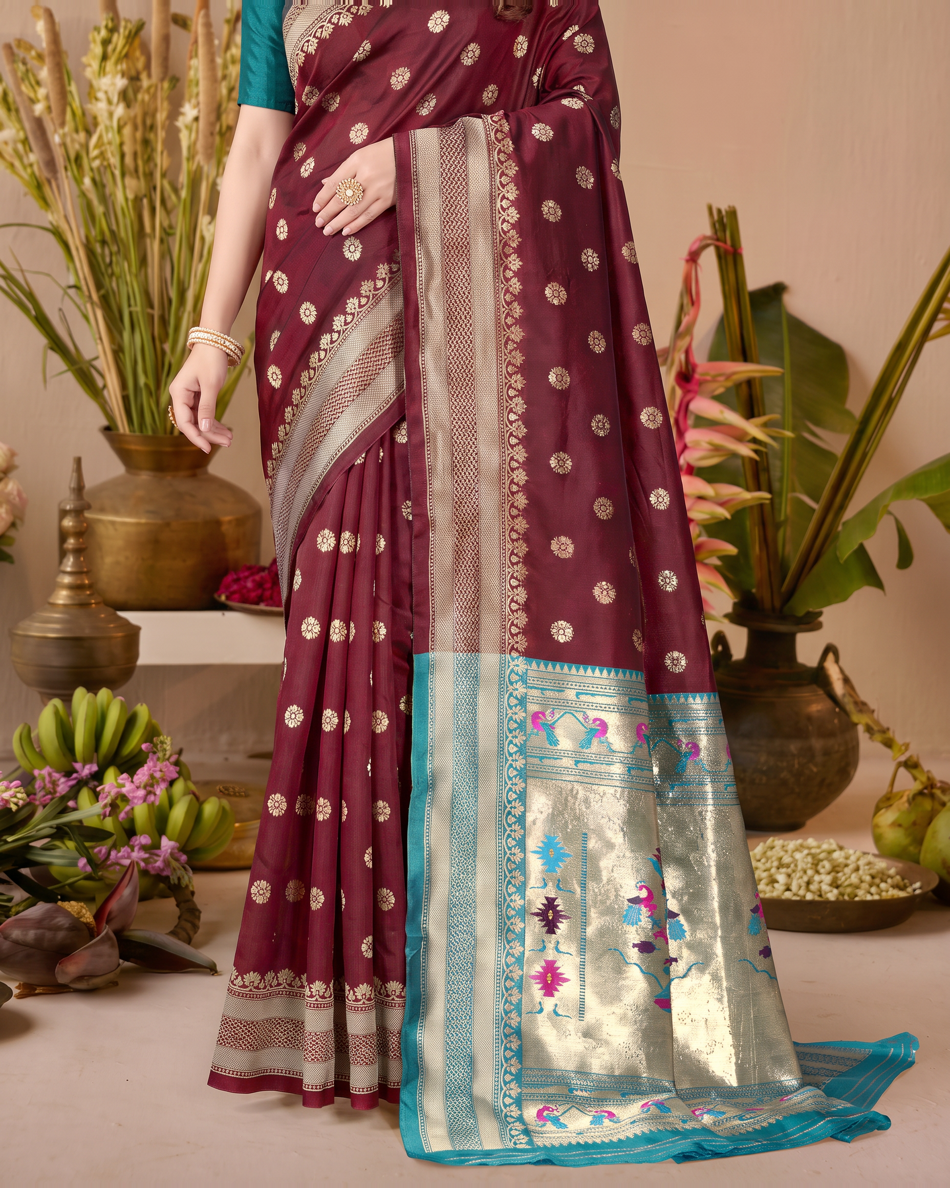 Madhura Floral Zari Paithani Silk Saree - Maroon - lower closeup