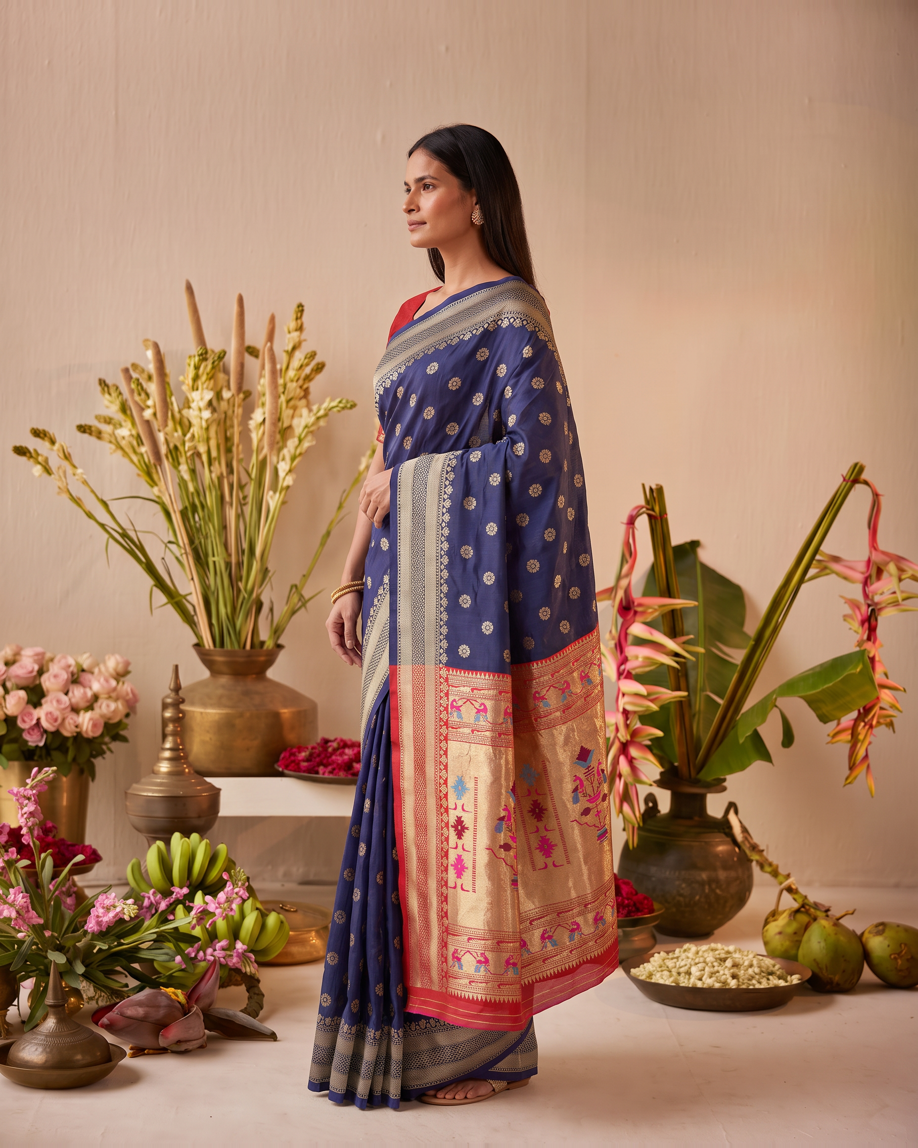 Madhura Floral Zari Paithani Silk Saree - Navy Blue - side drape