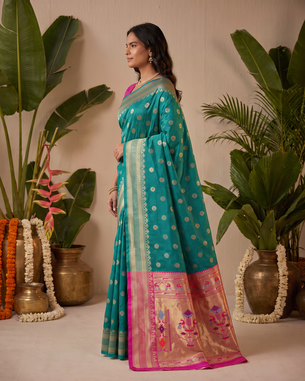Madhura Floral Zari Paithani Silk Saree - Rama Green - side drape