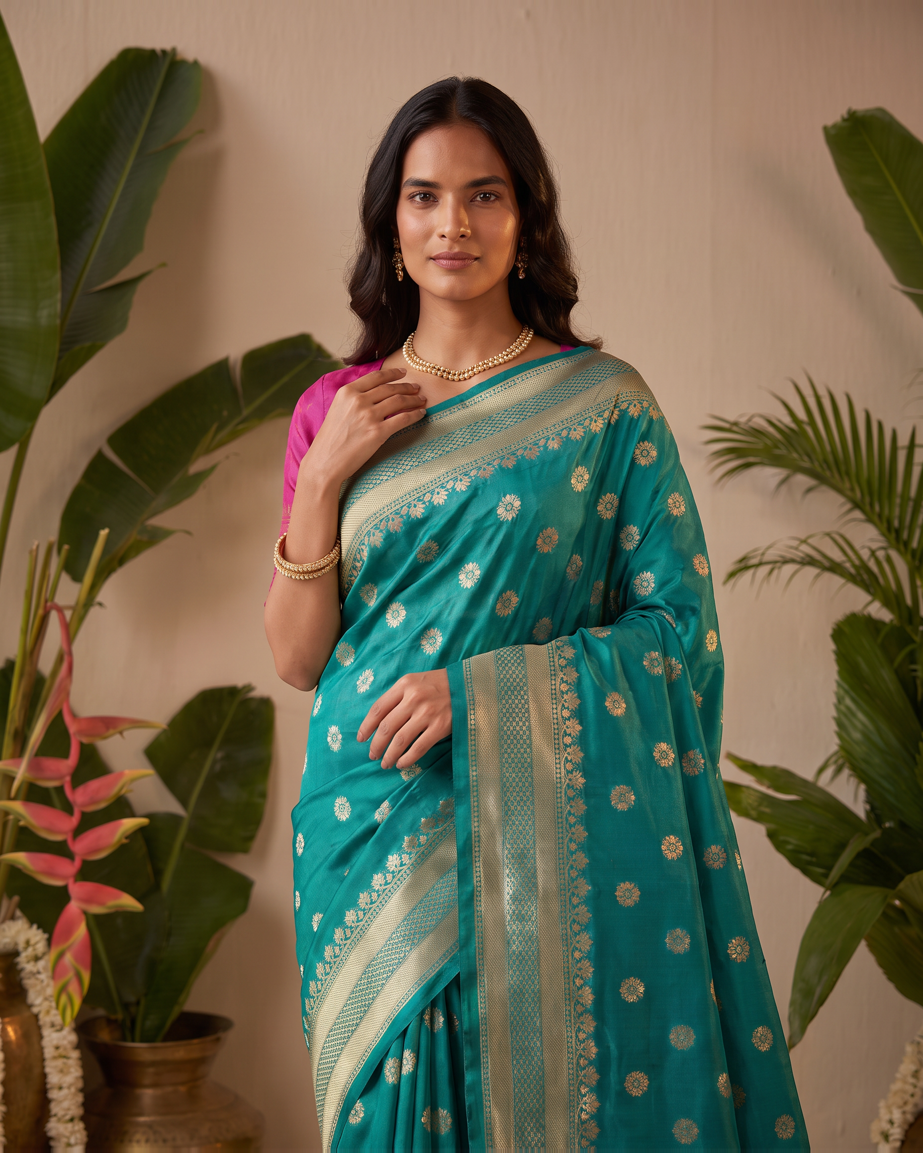 Madhura Floral Zari Paithani Silk Saree - Rama Green - upper closeup