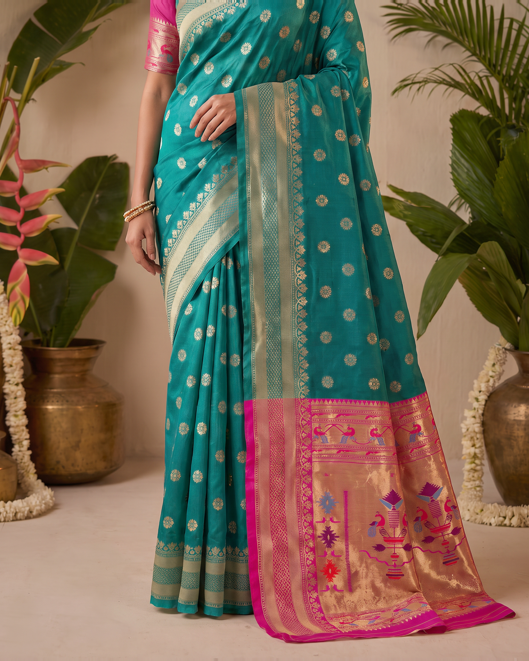 Madhura Floral Zari Paithani Silk Saree - Rama Green - lower closeup