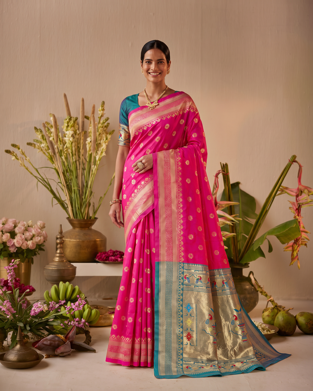 Madhura Floral Zari Paithani Silk Saree - Rani Pink - full saree hero