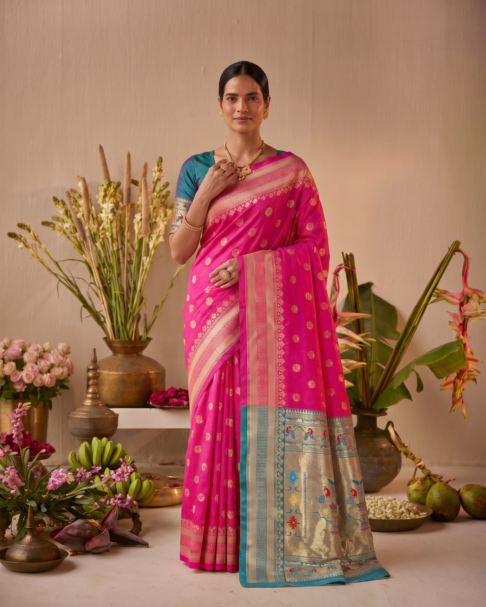 Madhura Floral Zari Paithani Silk Saree - Rani Pink - upper closeup