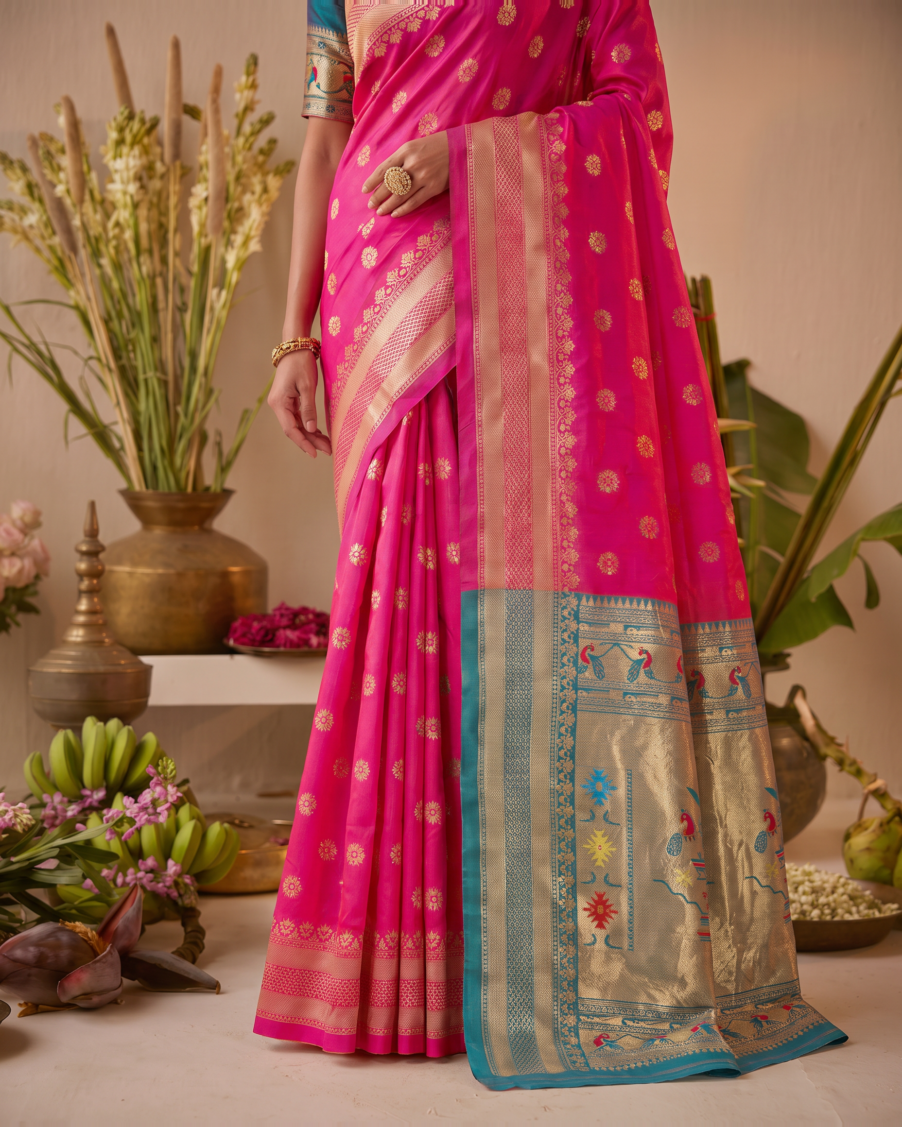 Madhura Floral Zari Paithani Silk Saree - Rani Pink - lower closeup