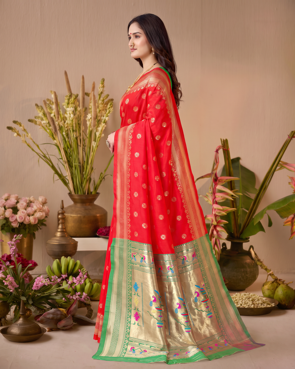 Madhura Floral Zari Paithani Silk Saree - Red - side drape