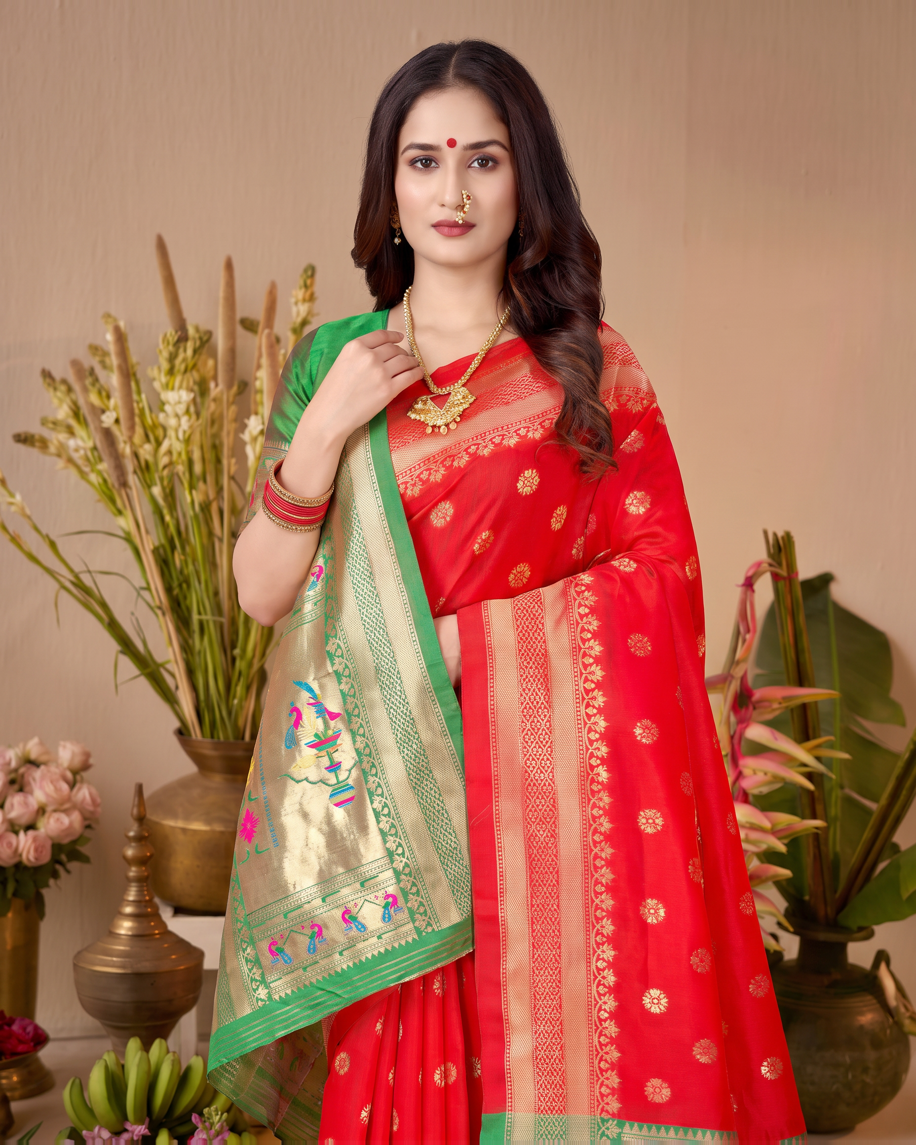 Madhura Floral Zari Paithani Silk Saree - Red - upper closeup