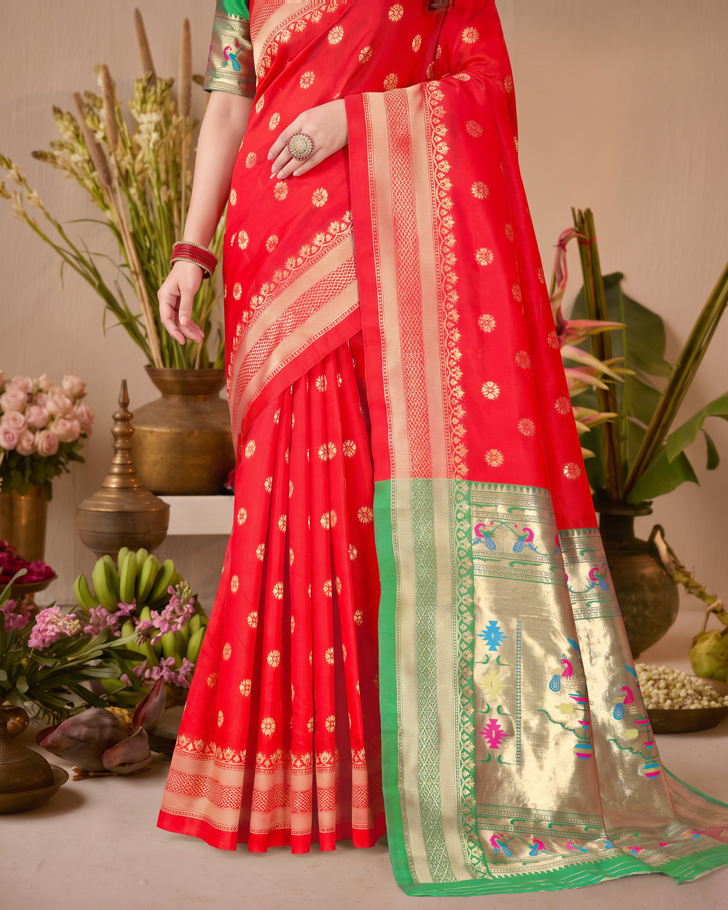 Madhura Floral Zari Paithani Silk Saree - Red - lower closeup