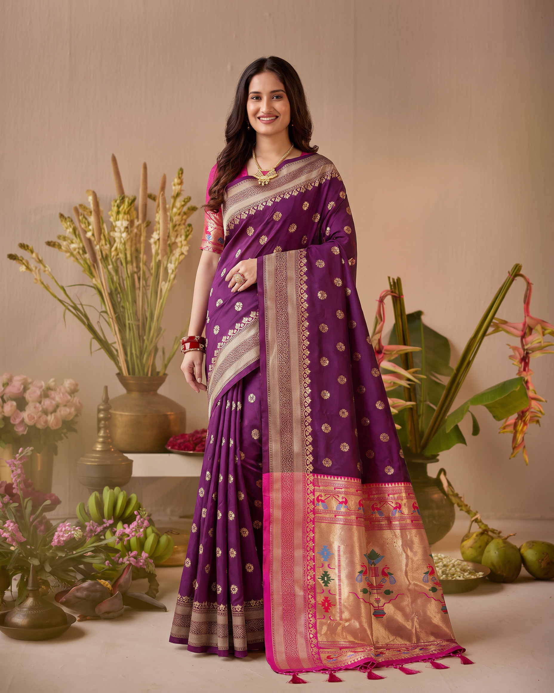 Madhura Floral Zari Paithani Silk Saree - Wine - full saree hero