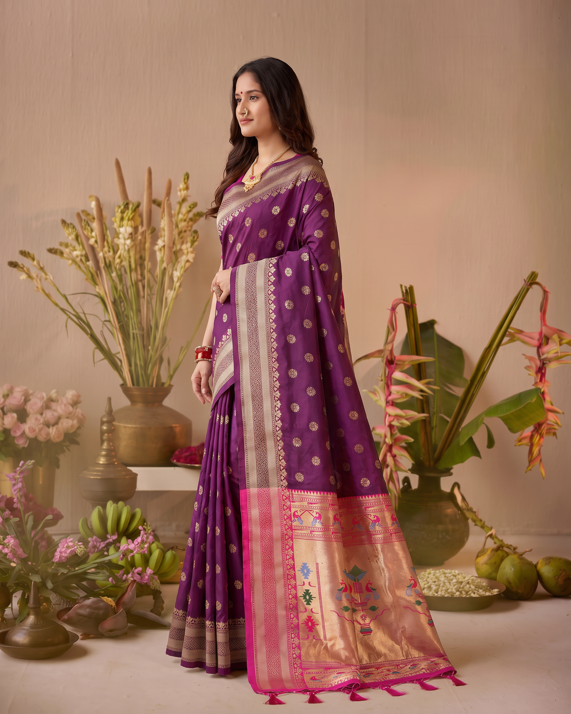 Madhura Floral Zari Paithani Silk Saree - Wine - side drape