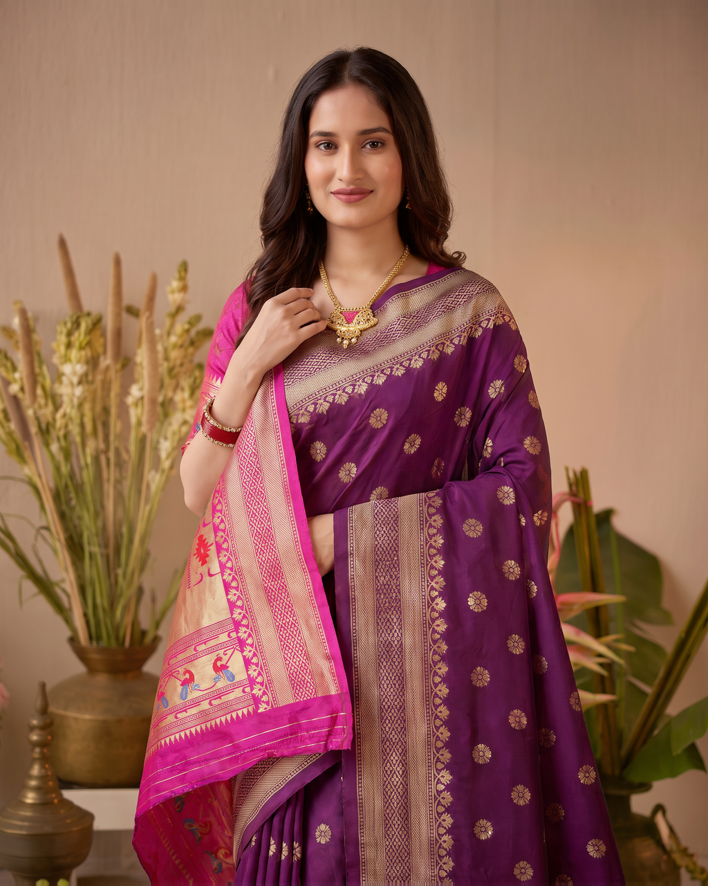 Madhura Floral Zari Paithani Silk Saree - Wine - upper closeup