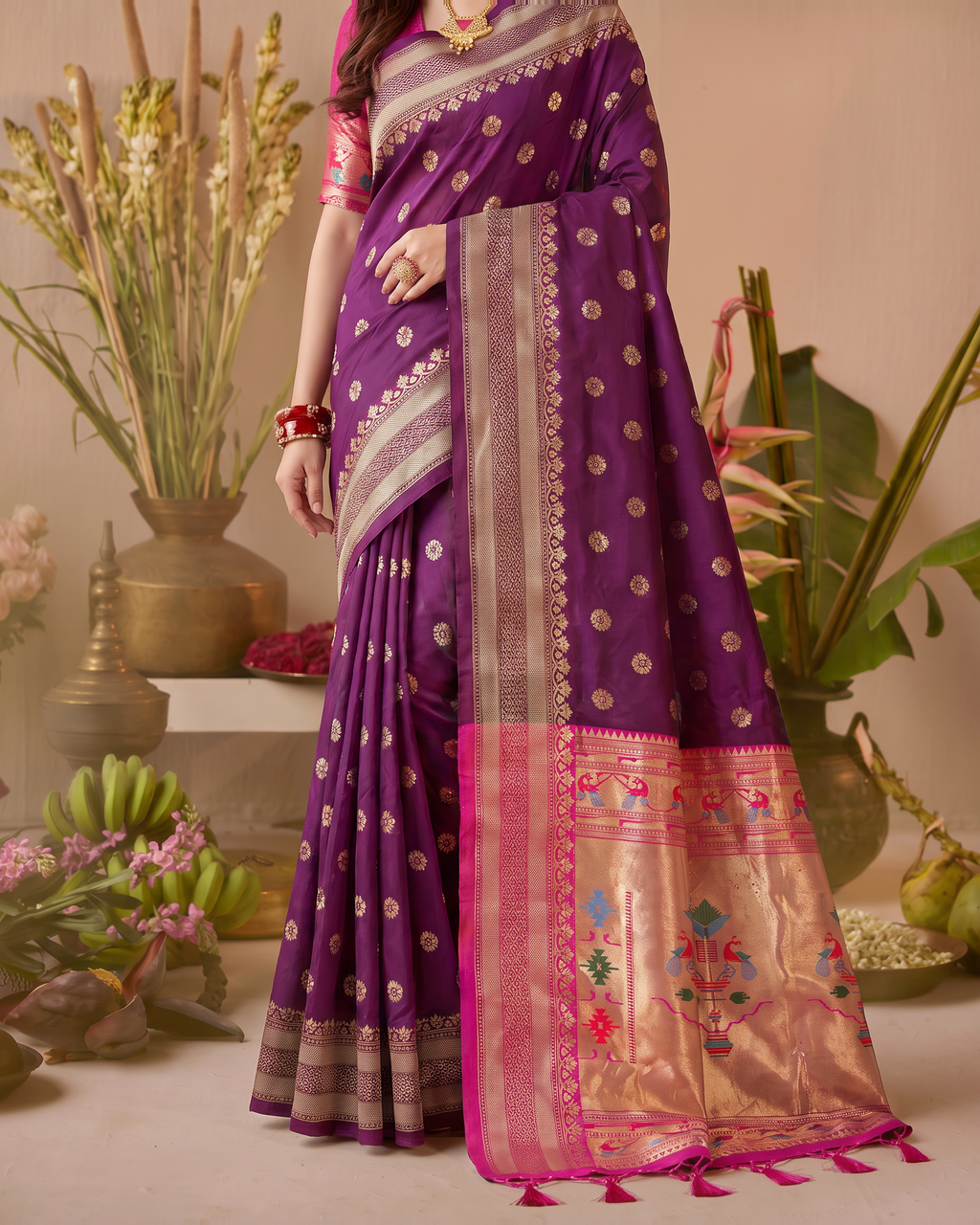 Madhura Floral Zari Paithani Silk Saree - Wine - lower closeup