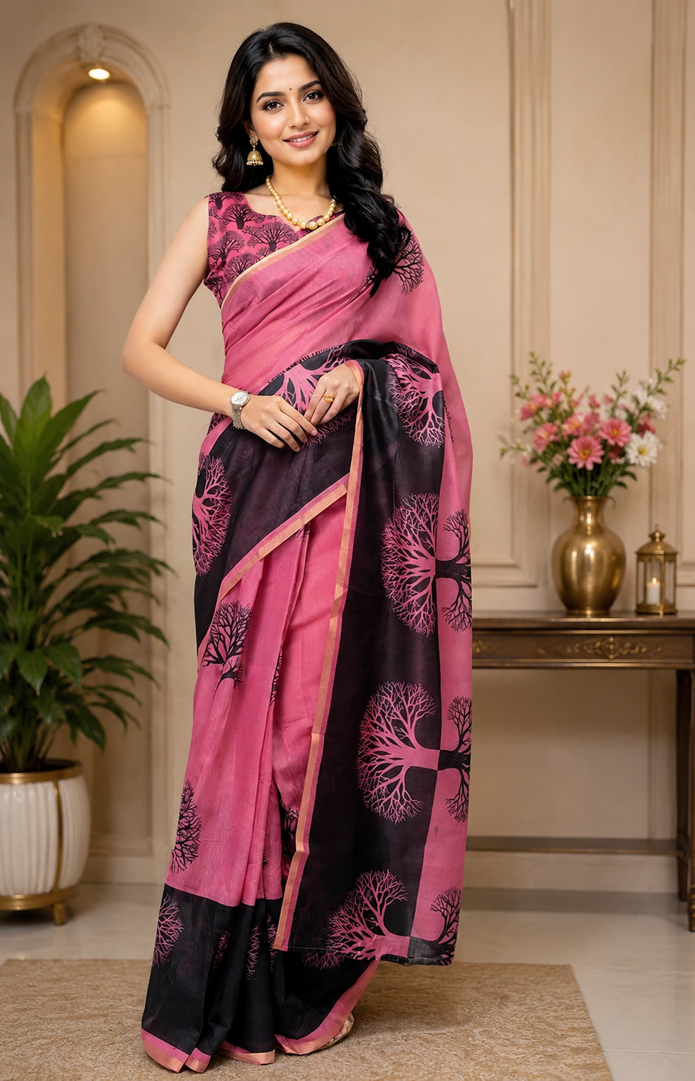 Magenta Black Floral Chanderi Cotton Ready To Wear Saree - full saree
