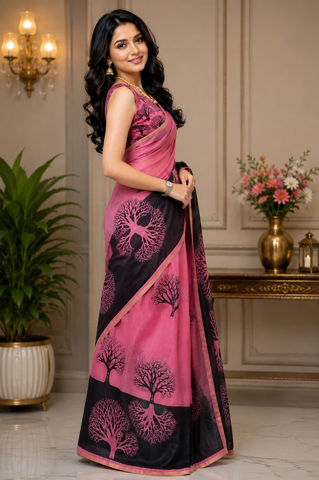 Magenta Black Floral Chanderi Cotton Ready To Wear Saree - image 2