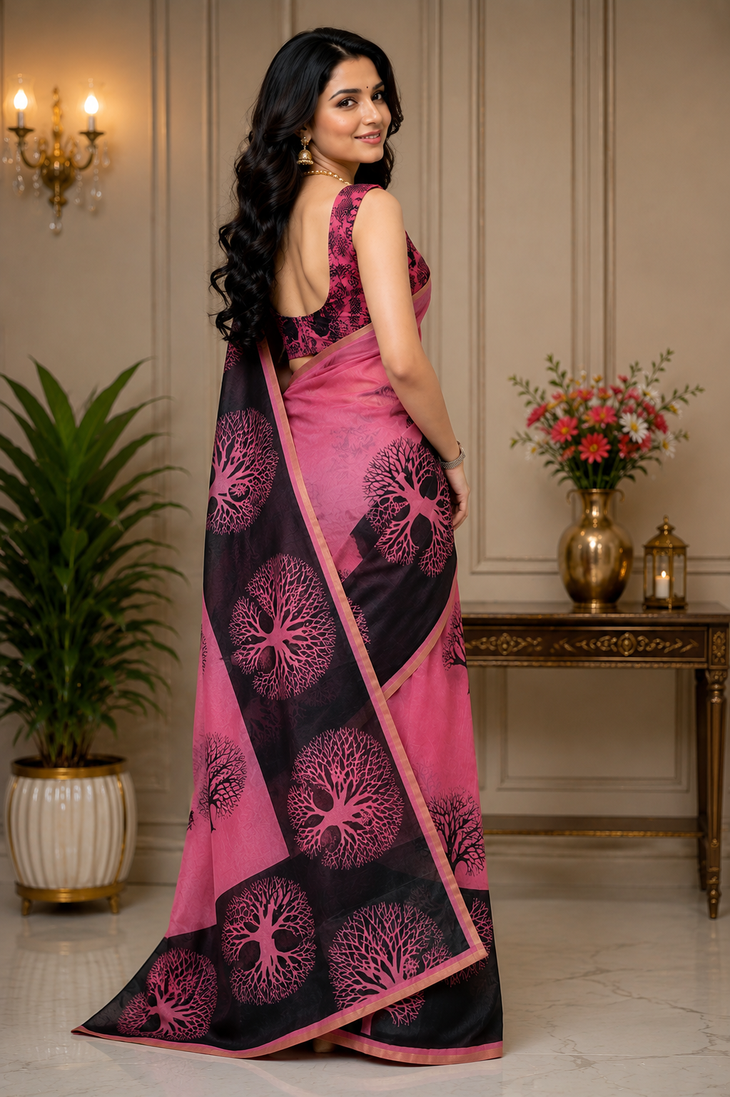 Magenta Black Floral Chanderi Cotton Ready To Wear Saree - image 3
