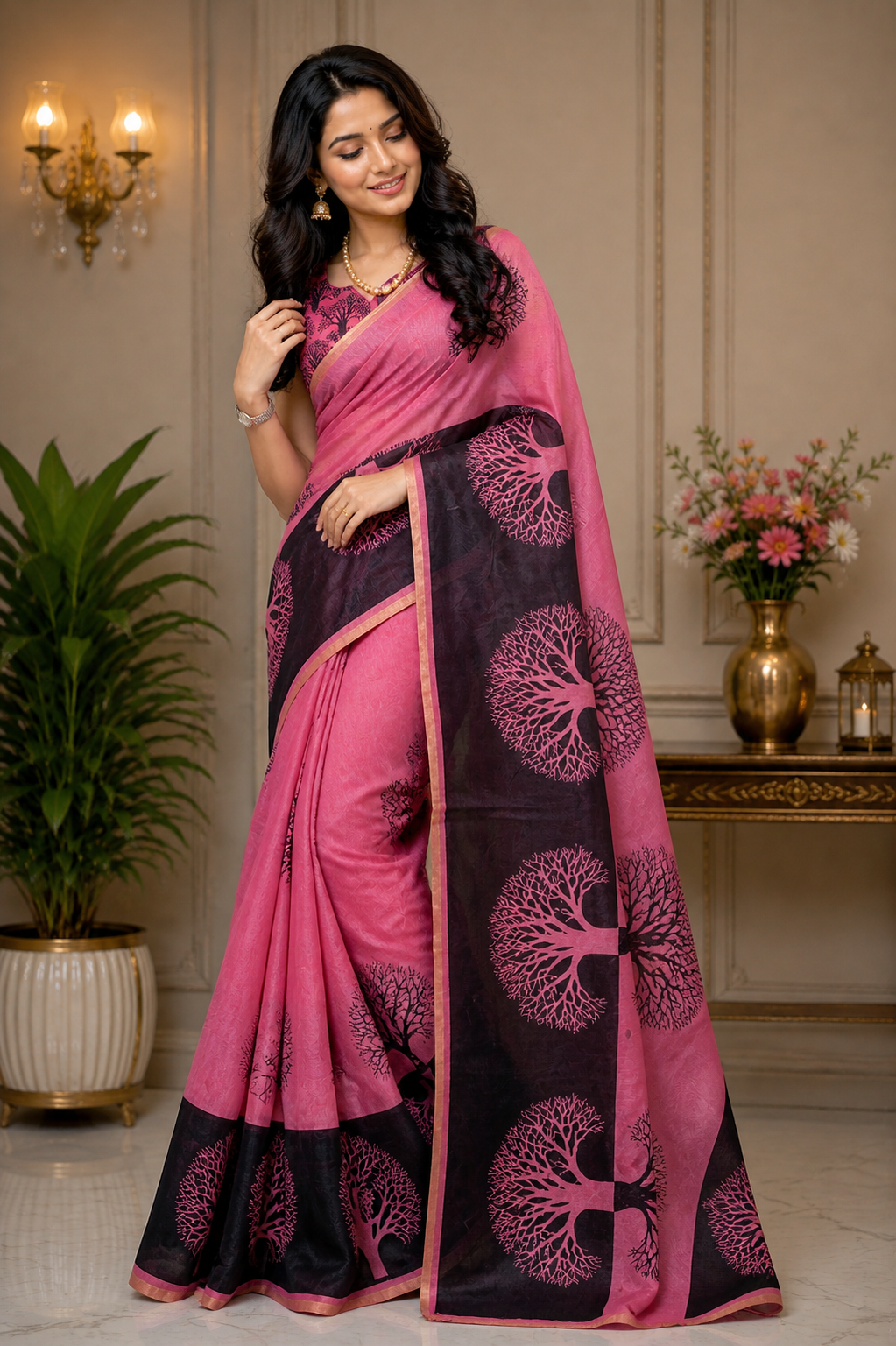 Magenta Black Floral Chanderi Cotton Ready To Wear Saree - image 4