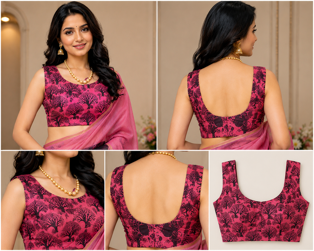 Magenta Black Floral Chanderi Cotton Ready To Wear Saree - blouse detail
