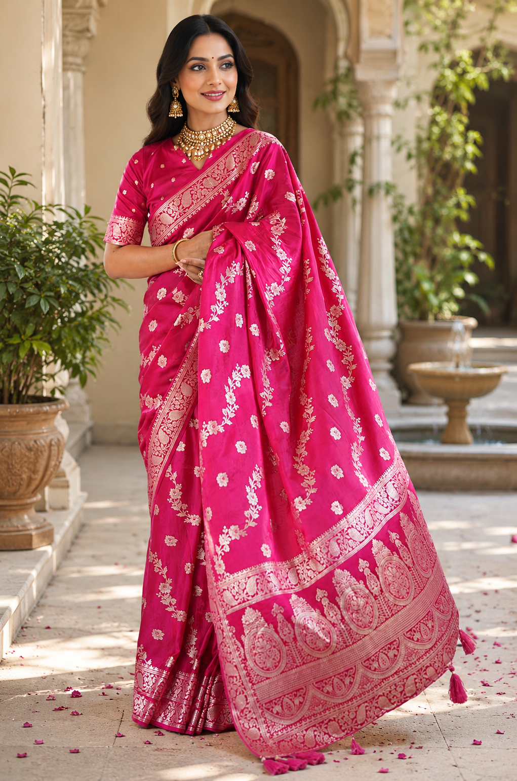 Magenta Floral Pure Silk Jari Weave Party Wear Saree - full saree hero