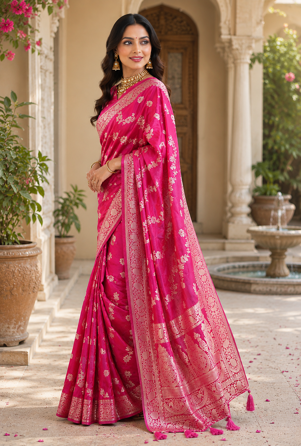 Magenta Floral Pure Silk Jari Weave Party Wear Saree - image 2