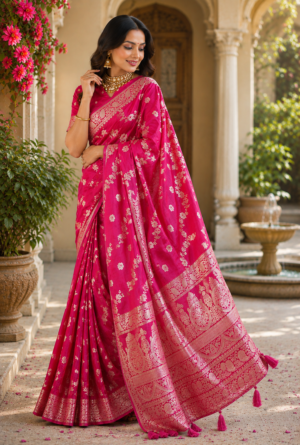Magenta Floral Pure Silk Jari Weave Party Wear Saree - blouse detail