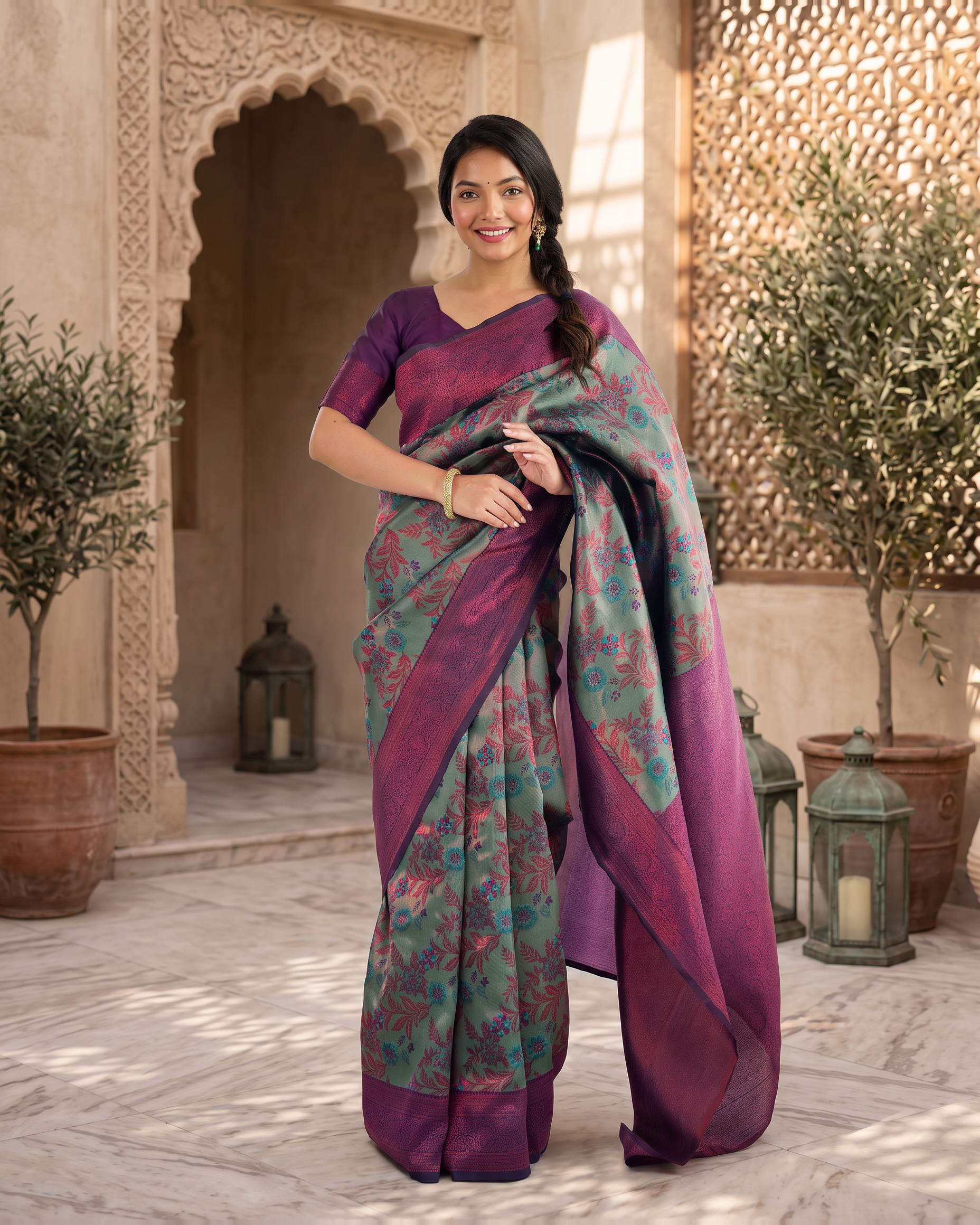 Magenta Teal Silk Saree with Abstract Pallu Design - full saree hero