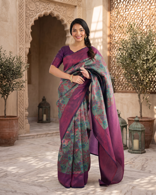 Magenta Teal Silk Saree with Abstract Pallu Design