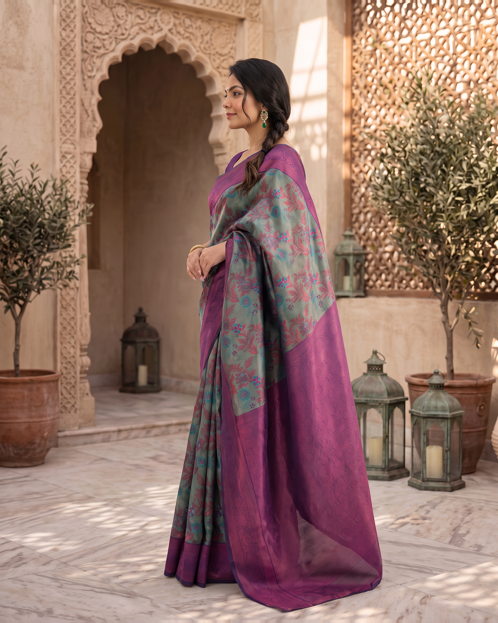 Magenta Teal Silk Saree with Abstract Pallu Design - side drape