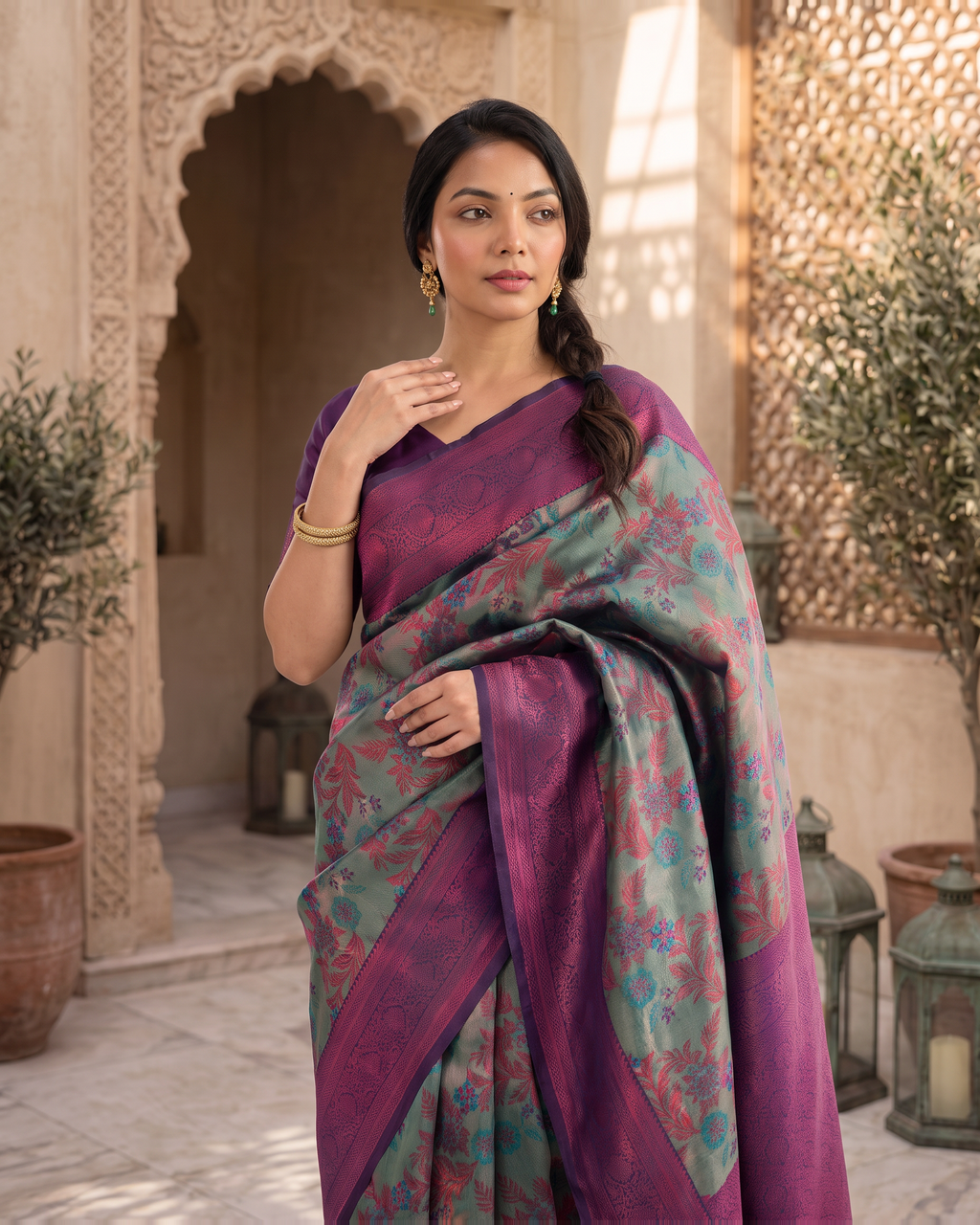 Magenta Teal Silk Saree with Abstract Pallu Design - upper closeup
