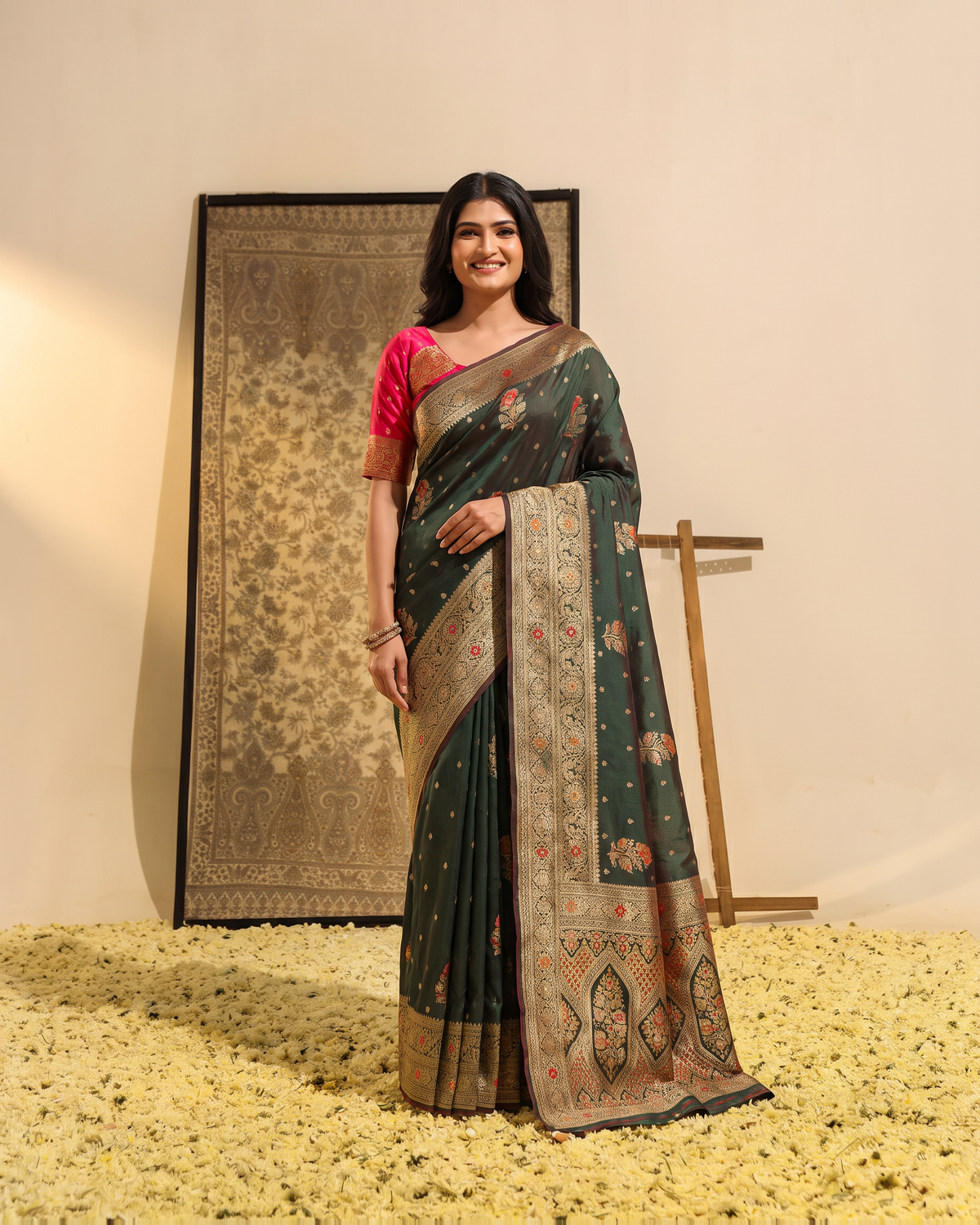 Manasvi Paisley Pallu Zari Silk Saree with Classic Butti - Green - full saree hero