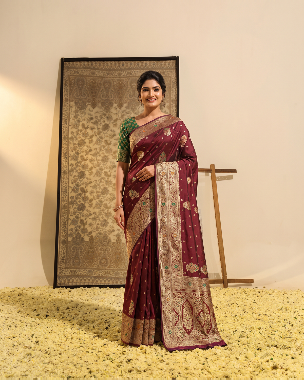 Manasvi Paisley Pallu Zari Silk Saree with Classic Butti - Maroon - full saree hero