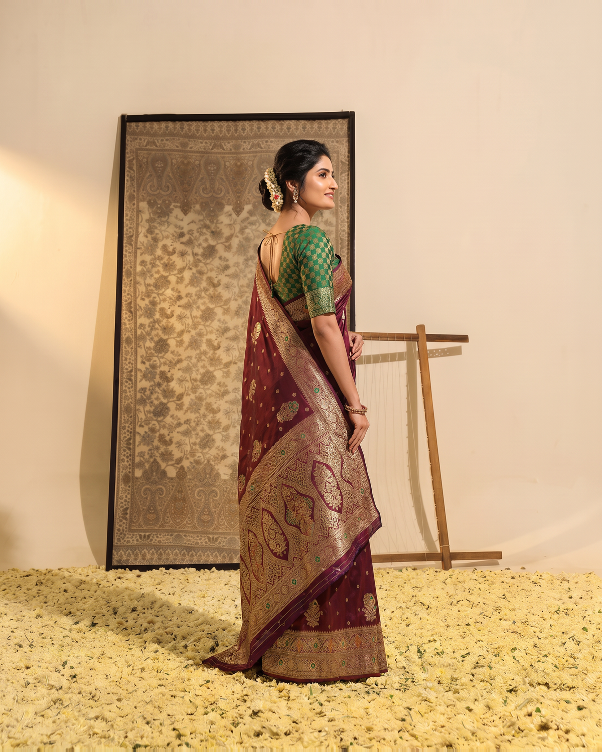 Manasvi Paisley Pallu Zari Silk Saree with Classic Butti - Maroon - side
