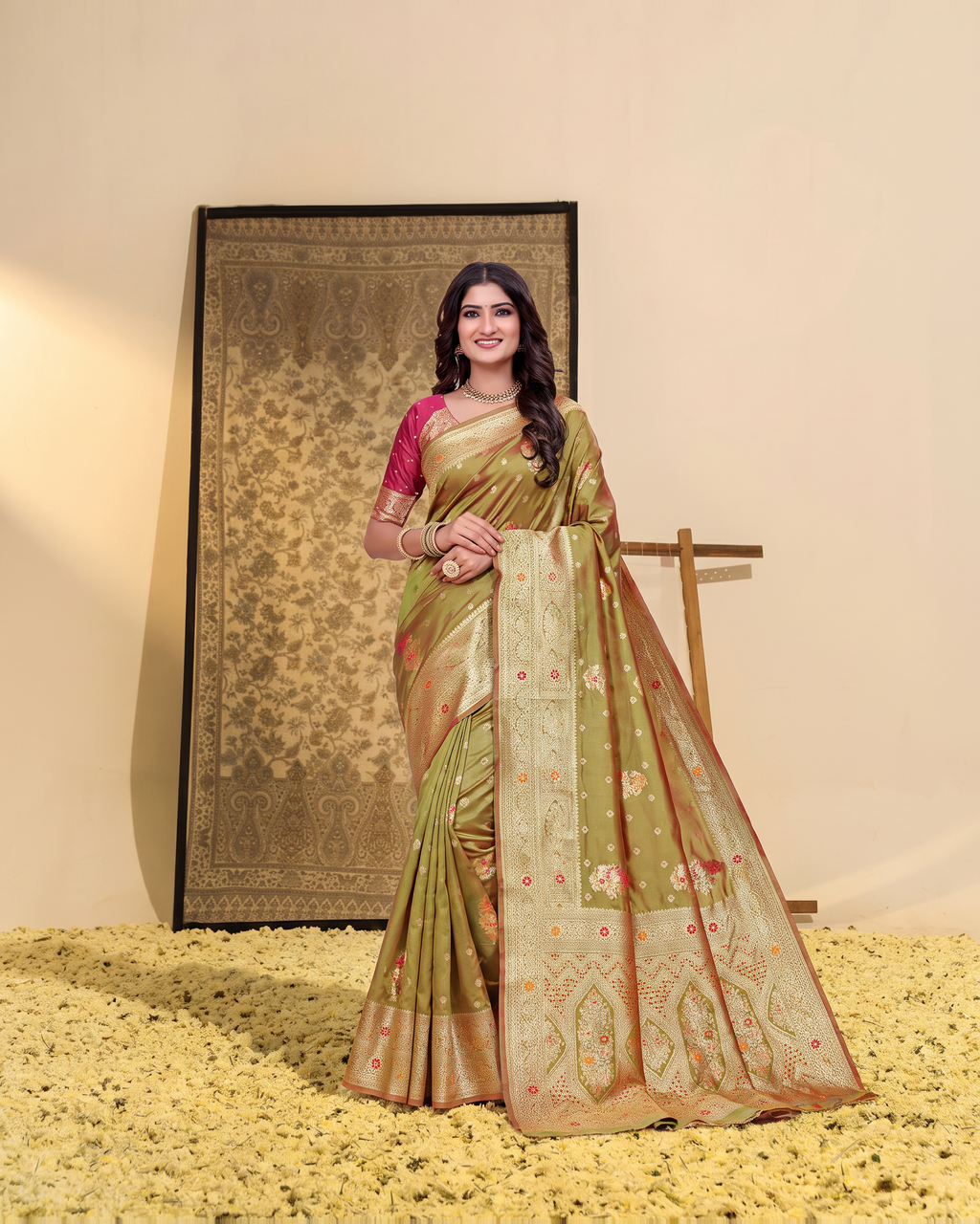 Manasvi Paisley Pallu Zari Silk Saree with Classic Butti - Mehndi - full saree hero