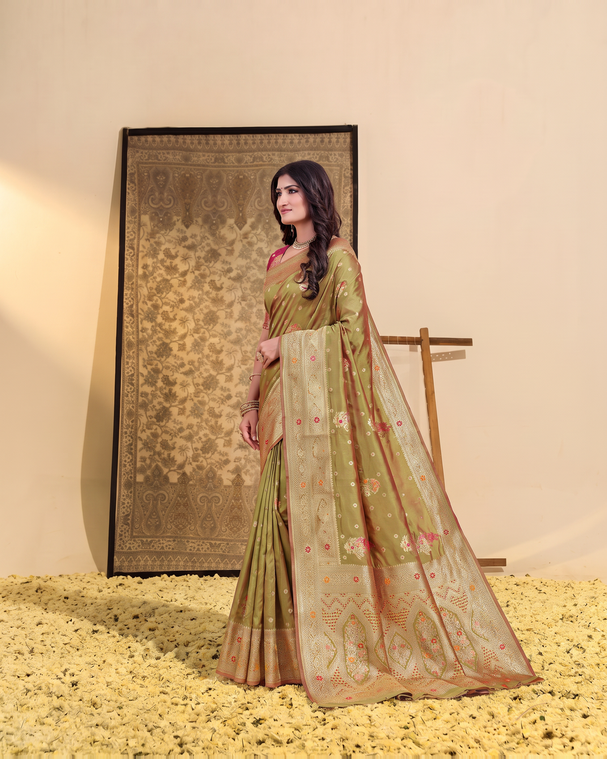 Manasvi Paisley Pallu Zari Silk Saree with Classic Butti - Mehndi - side