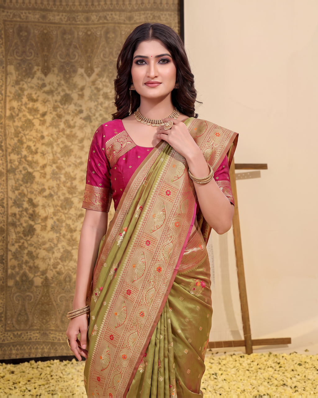 Manasvi Paisley Pallu Zari Silk Saree with Classic Butti - Mehndi - upper closeup
