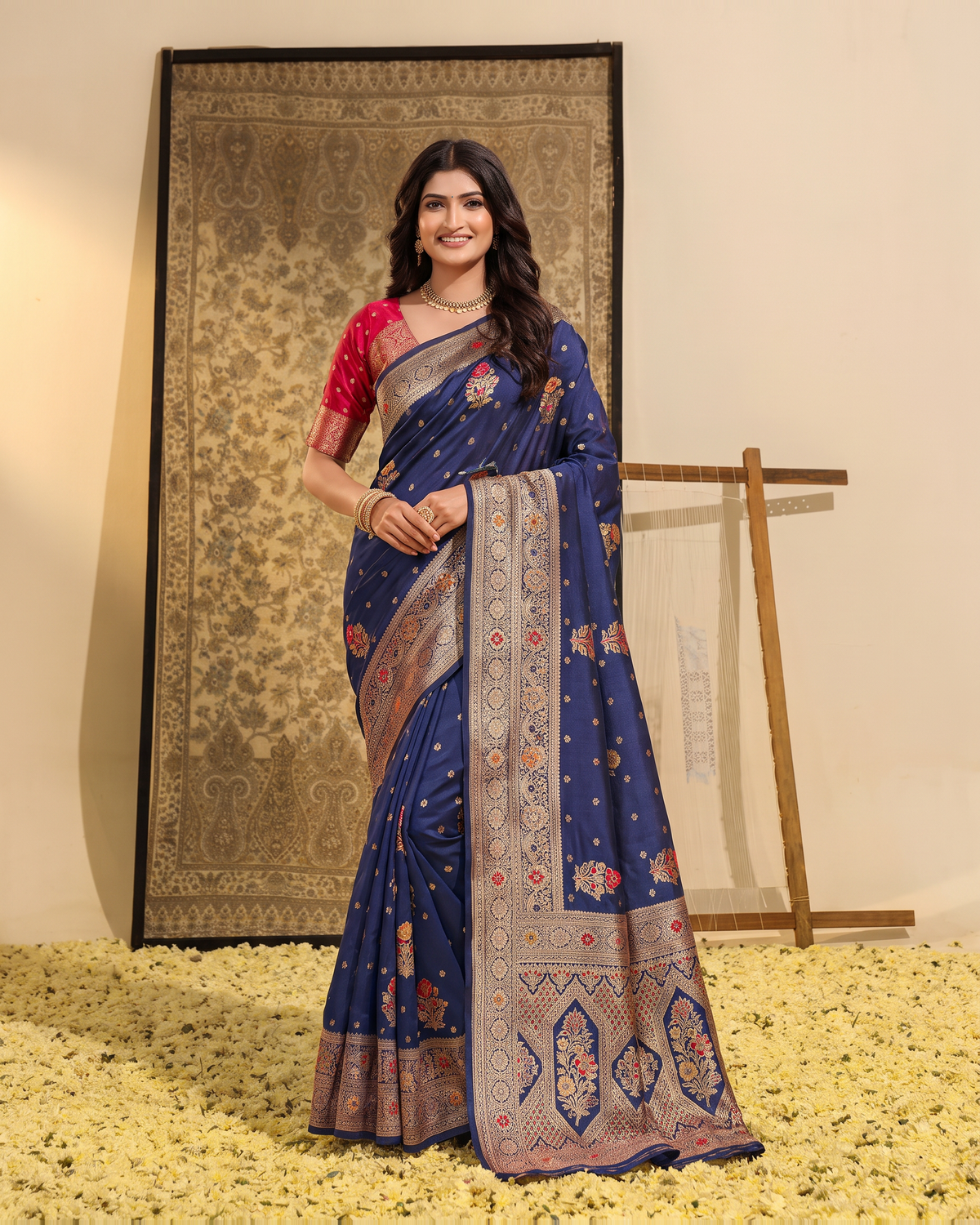 Manasvi Paisley Pallu Zari Silk Saree with Classic Butti - Navy Blue - full saree hero