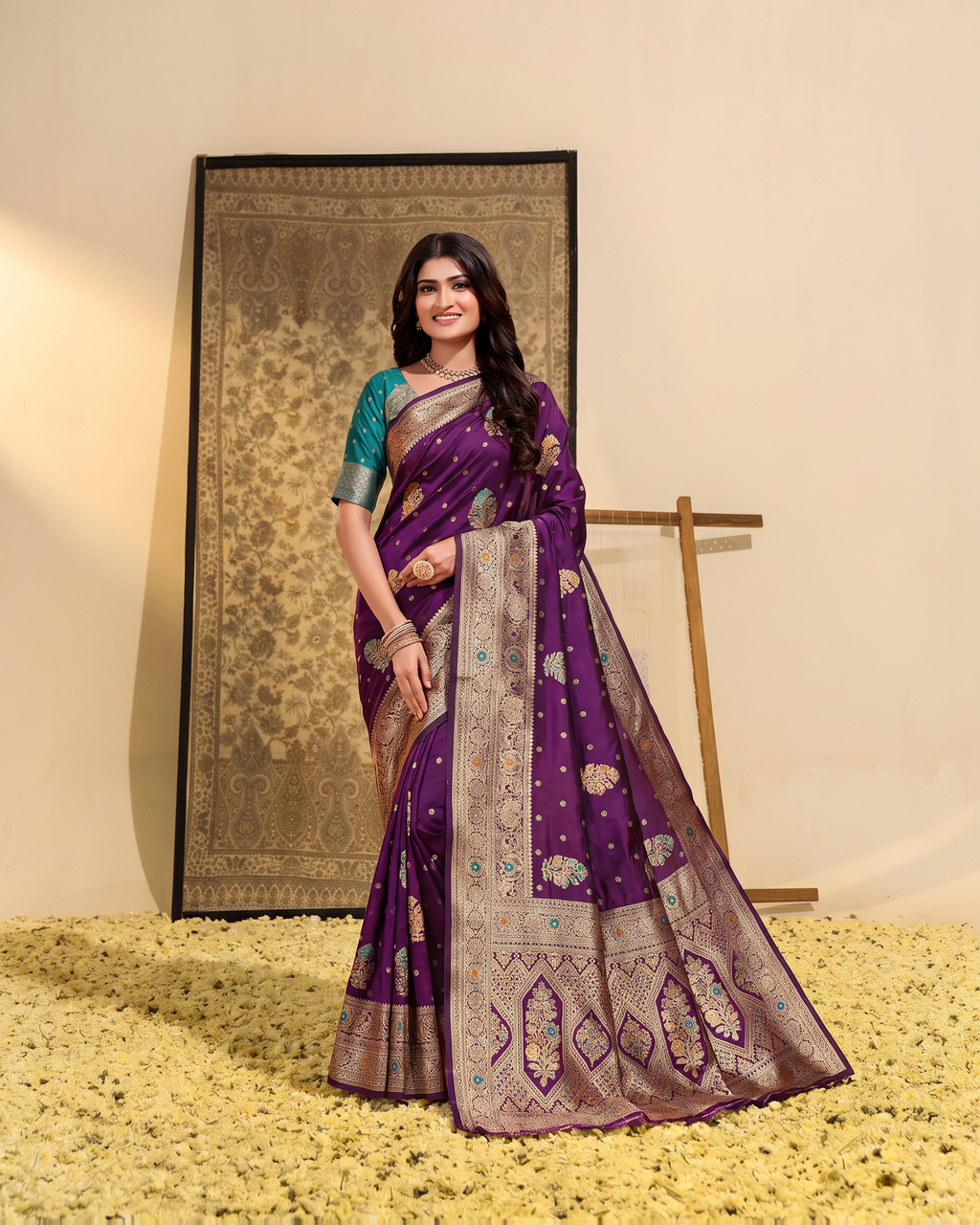 Manasvi Paisley Pallu Zari Silk Saree with Classic Butti - Purple - full saree hero