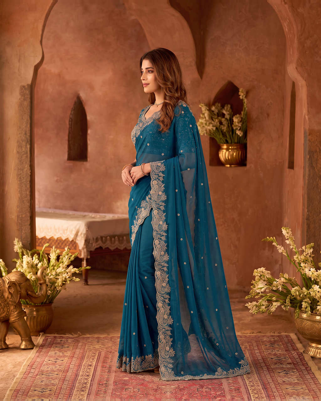 Manya Star Mango Festive Saree with Ornate Pallu - Blue - side