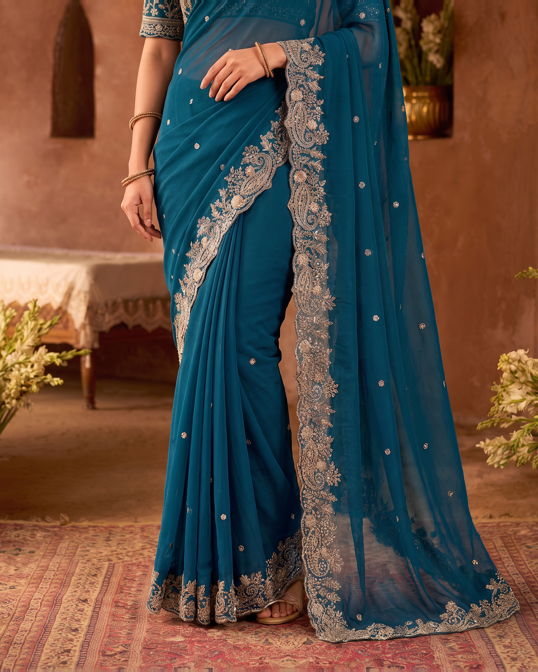 Manya Star Mango Festive Saree with Ornate Pallu - Blue - lower closeup