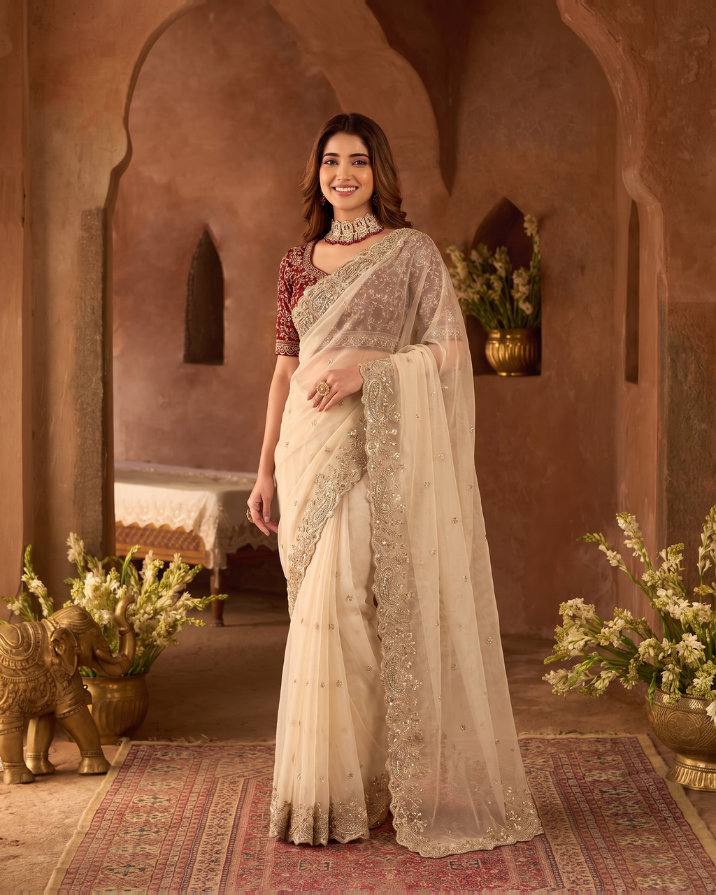 Manya Star Mango Festive Saree with Ornate Pallu - Cream - full saree hero