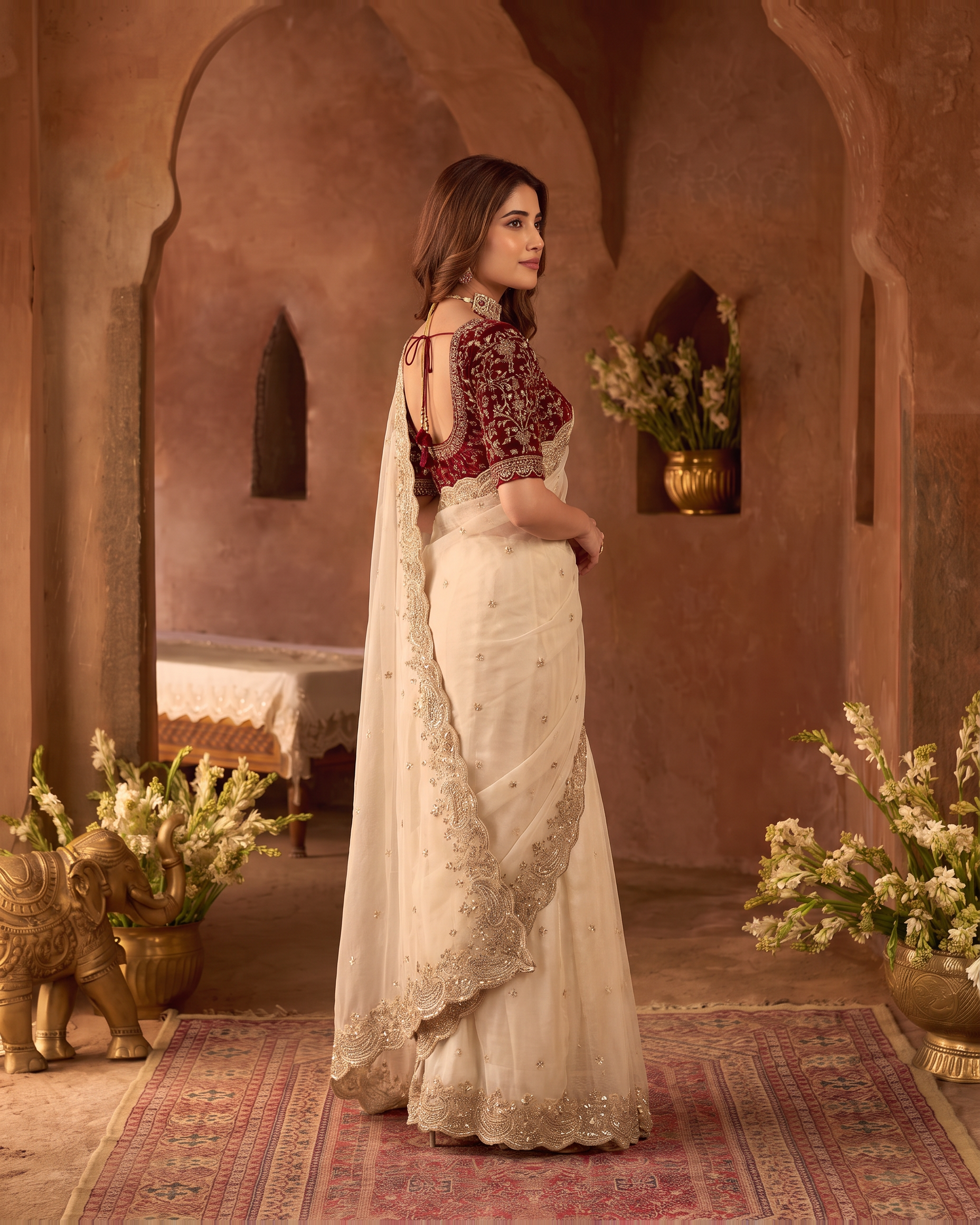 Manya Star Mango Festive Saree with Ornate Pallu - Cream - side