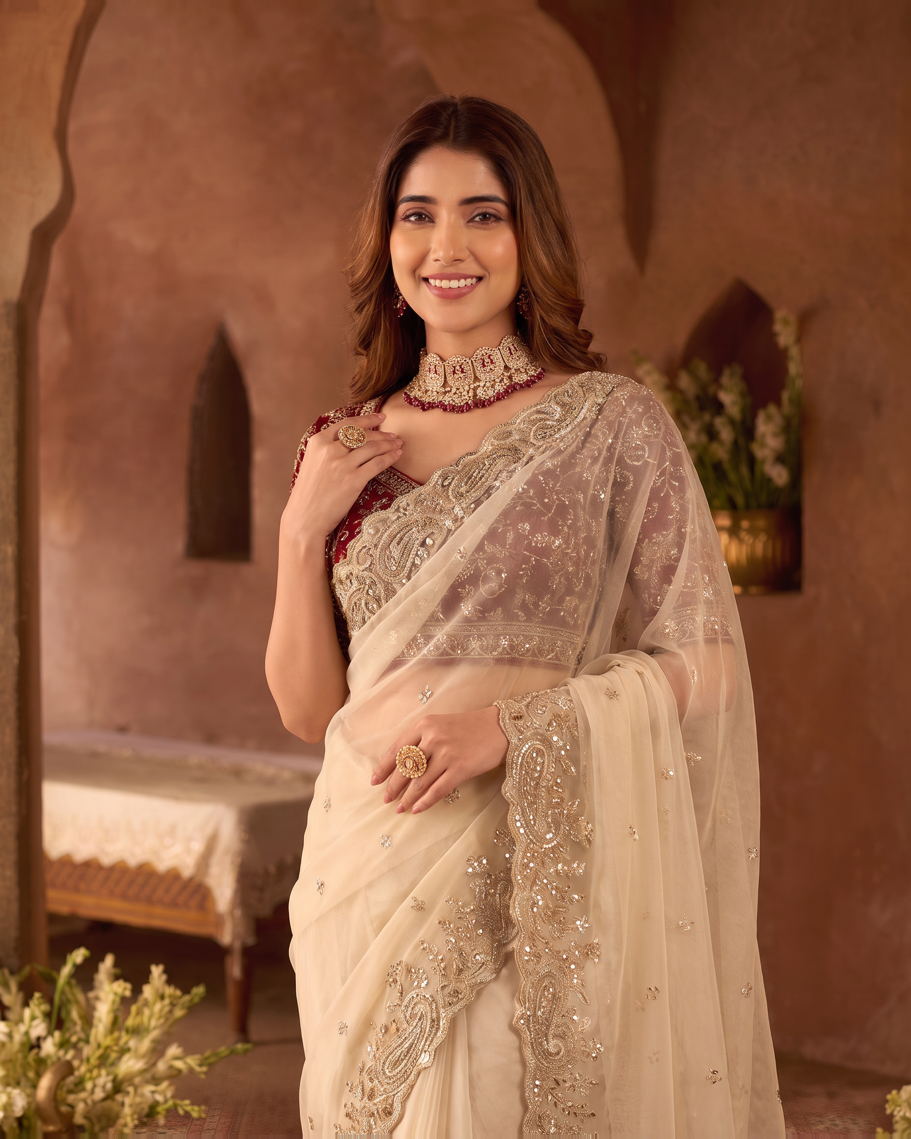 Manya Star Mango Festive Saree with Ornate Pallu - Cream - upper closeup