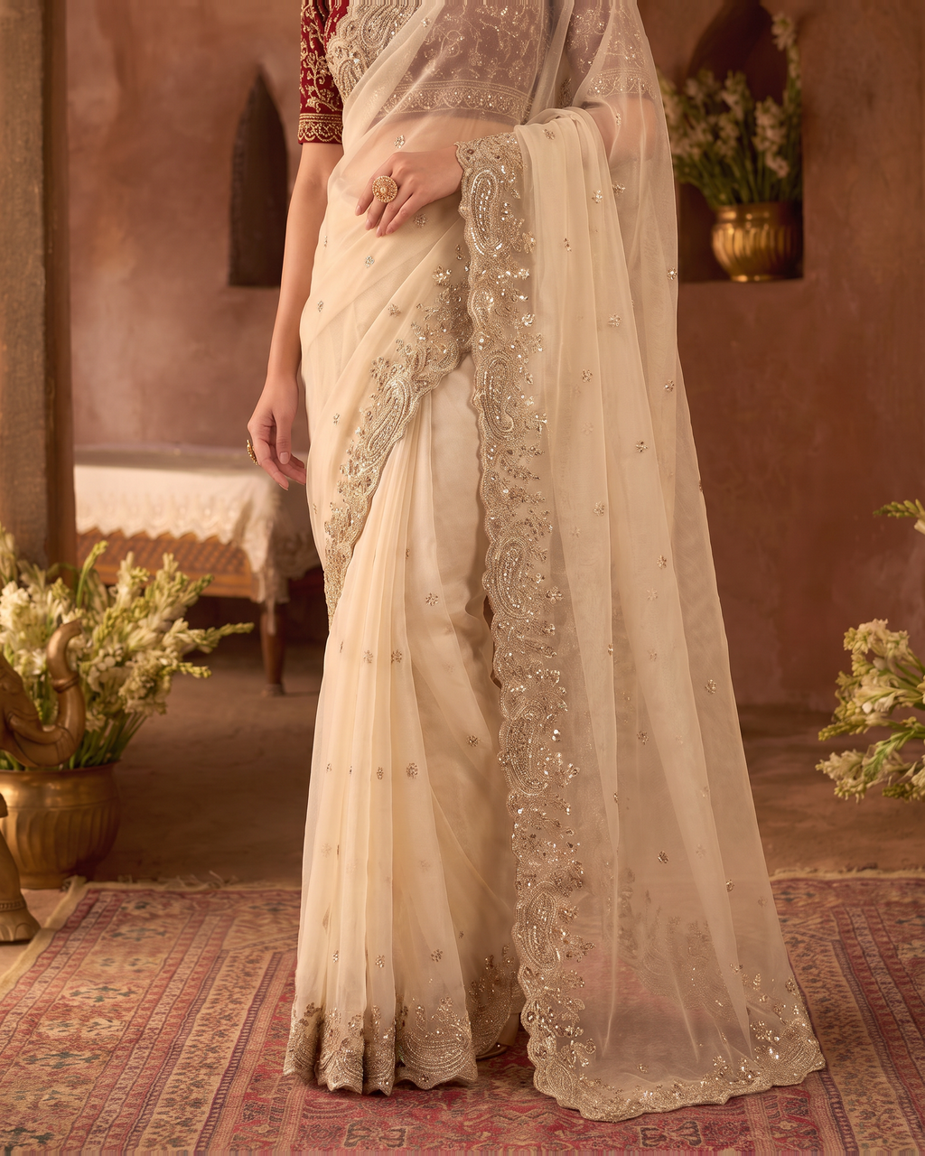 Manya Star Mango Festive Saree with Ornate Pallu - Cream - lower closeup